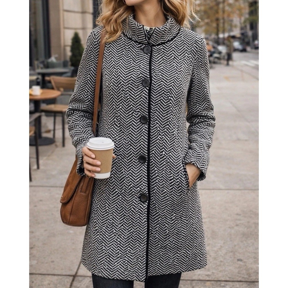 Cocogio Knit Coat Women Medium Black White Herringbone Wool Blend Italy‎